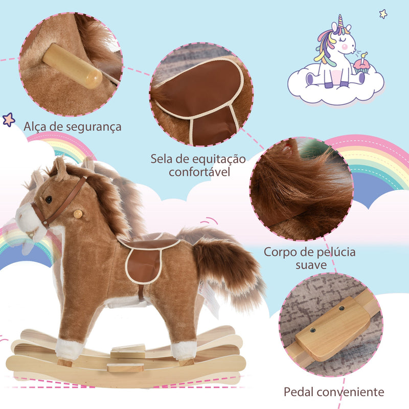 Cavalo de balanço para crianças acima de 36 meses Com boca e cauda móveis Música 65x32,5x61 cm Marrom