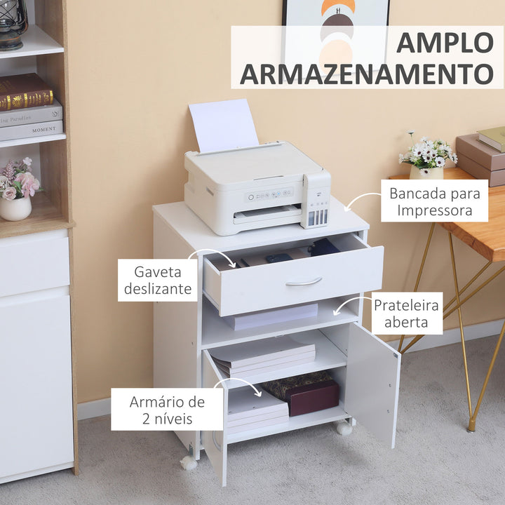 Armário para Impressora Móvel para Impressora com Rodas Gaveta 2 Portas e Compartimento Aberto para Sala de Estar Escritório Estúdio 60x39x80cm Branco