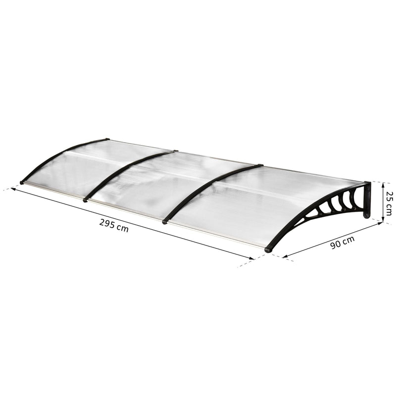 Marquise de proteção solar e chuva para portas de janelas toldo de policarbonato de 5mm Transparente 295x90x25 cm