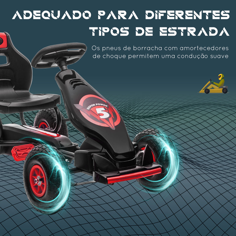 Kart a Pedais para Crianças 5-12 Anos Kart a Pedais Infantil com Assento Ajustável Pneus Insufláveis Amortecimento e Travão de Mão Carga Máx. 50kg 121x58x61cm Vermelho