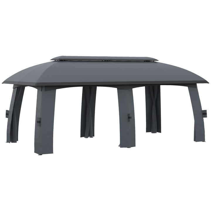 Pérgola de Jardim 3x6m Pérgola de Exterior com Teto Duplo 6 Cortinas Laterais 6 Telas Mosquiteiras com Zíper e Estrutura de Metal para Festas Eventos Pátio Cinza Escuro