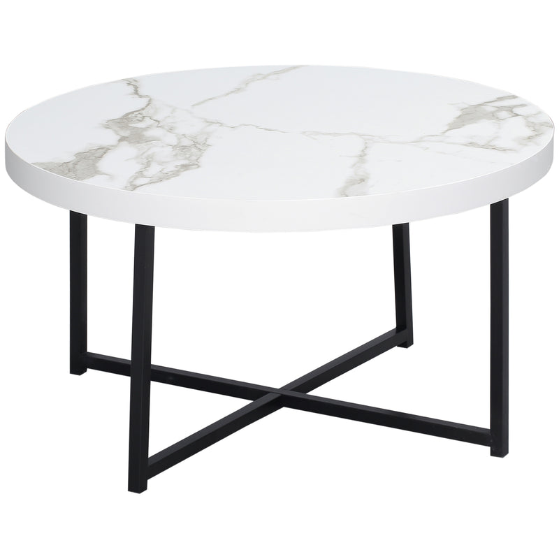 mesa de Centro Mesa de Sala de Estar Redonda com Bancada Similar ao Mármore e Estrutura de Metal para Escritório Estilo Moderno 80x80x45cm Branco e Preto