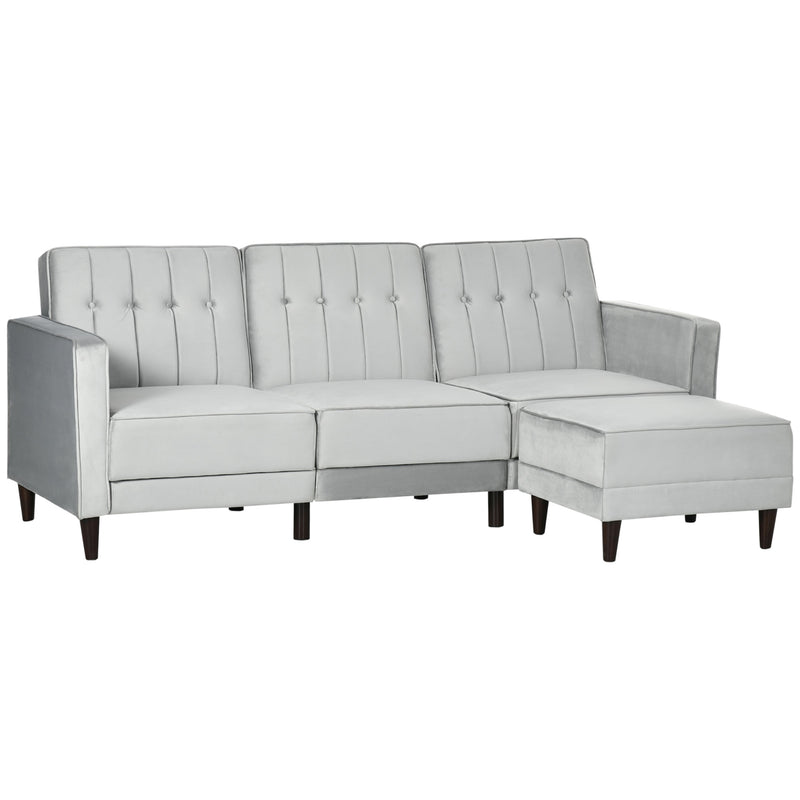 Sofá Cama com Chaise Longue de 3 Lugares Tato Aveludado com Encosto Ajustável e Apoio para os Pés Móvel 218x85x86cm Cinza