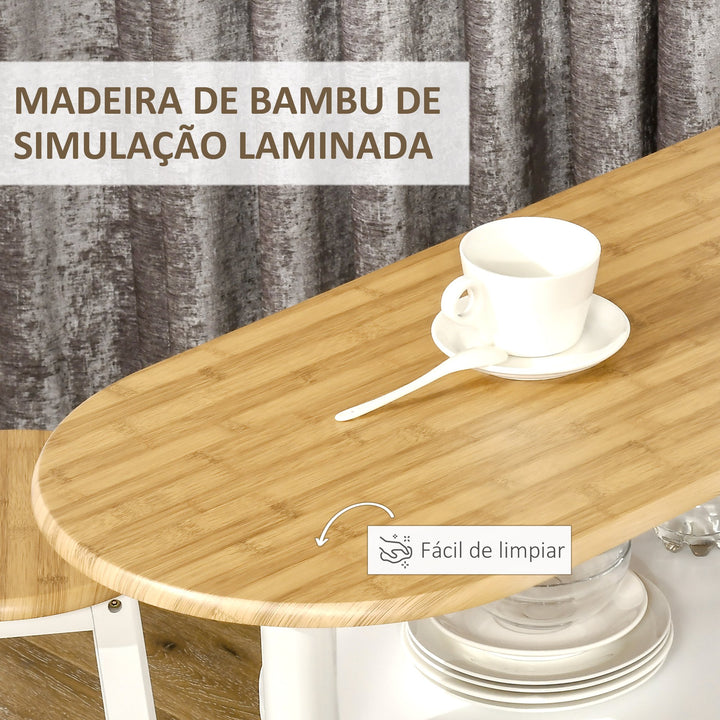 Conjunto de Mesa de Bar com 1 Gaveta 2 Prateleiras Cesta Removível e Suporte para Garrafas Mobiliário Alto com Mesa 119x38,5x88,5cm e 2 Bancos 29x29x55cm para Sala de Jantar Cozinha Branco
