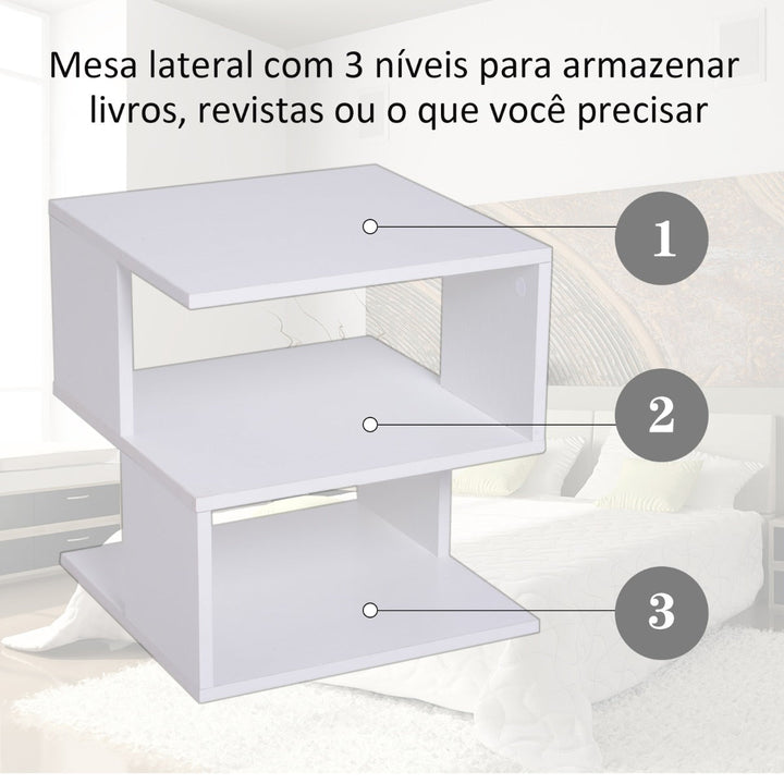 Mesa de Cabeceira Mesa de Café Auxiliar 2 Níveis 40x40x43 cm Branco