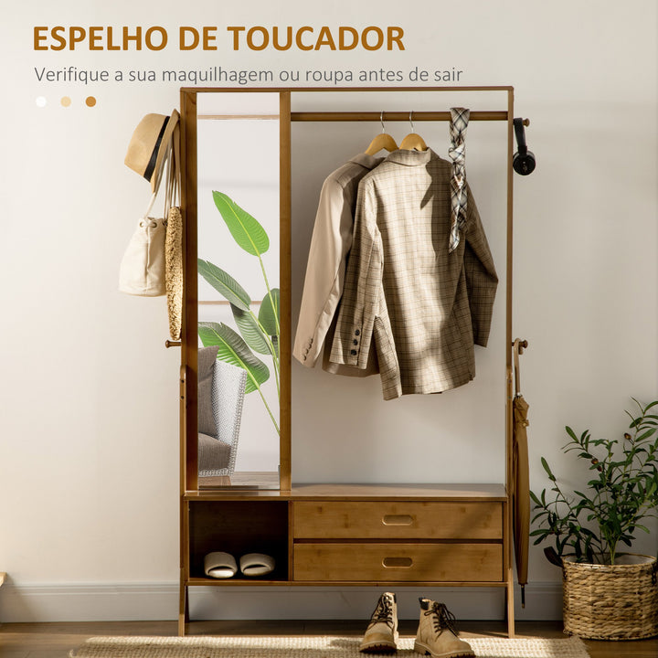 Móvel Cabide de Entrada com Banco Móvel de Entrada Estilo Industrial com Espelho 2 Gavetas 4 Ganchos Barra e Compartimento de Armazenamento para Dormitório Corredor 113x33x169,5cm Marrom
