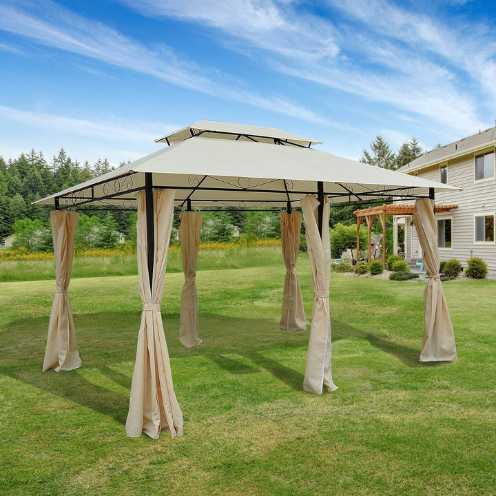 Pérgola de jardim 3x4 m estrutura de aço telhado Duplo 6 Cortinas Laterais 8 Orifícios de Drenagem Boa Ventilação para Festas Eventos Creme