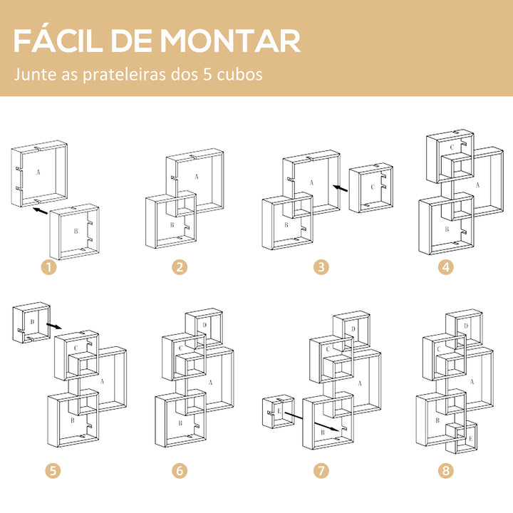 Estante de Parede com 5 Cubos Estante Flutuante de Madeira para Sala de Estar Dormitório Entrada Estúdio Estilo Moderno 49,5x10,2x86cm Branco