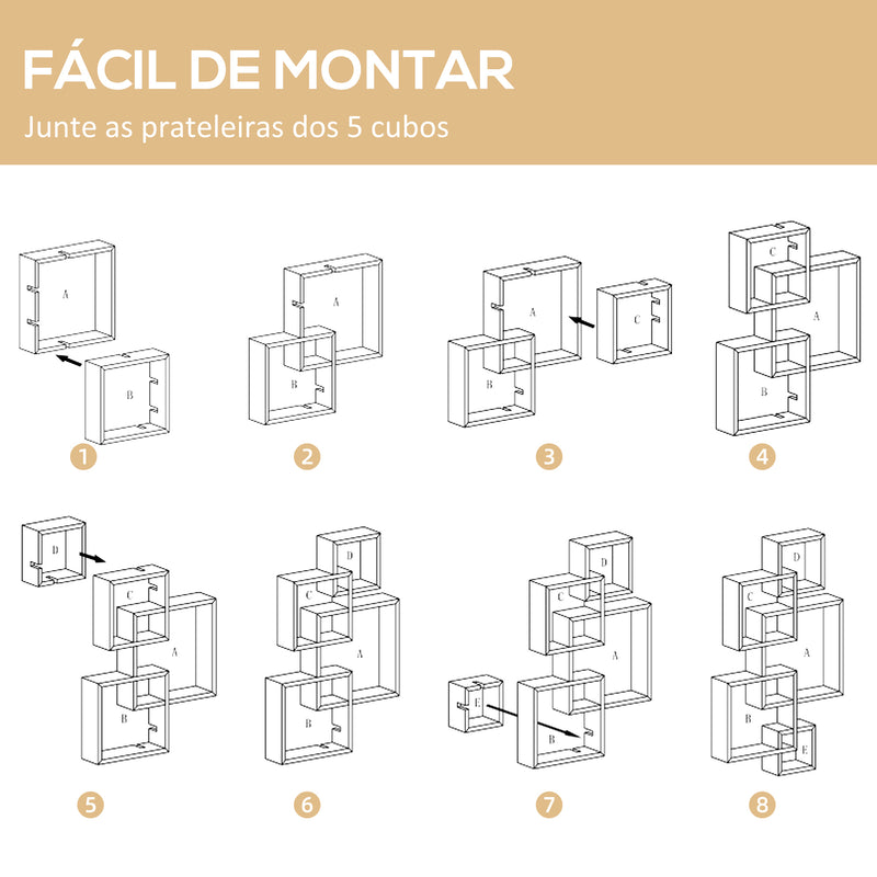 Estante de Parede com 5 Cubos Estante Flutuante de Madeira para Sala de Estar Dormitório Entrada Estúdio Estilo Moderno 49,5x10,2x86cm Branco