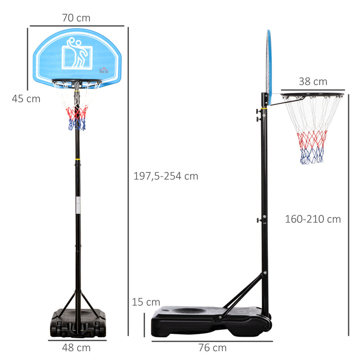 Cesta de Basquetebol para Exterior com Altura Ajustável 160-210cm Cesta de Basquetebol com Rodas Tabela de PE e Base Recarregável 76x70x197,5-254cm Preto e Azul
