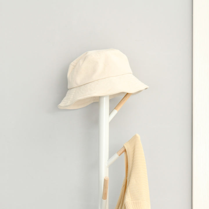 Cabide de Pé de Madeira Cabide de Pé com 6 Ganchos para Roupa Bolsas e Estrutura de Metal para Sala de Estar Entrada Dormitório 35x35x174cm Branco e Madeira