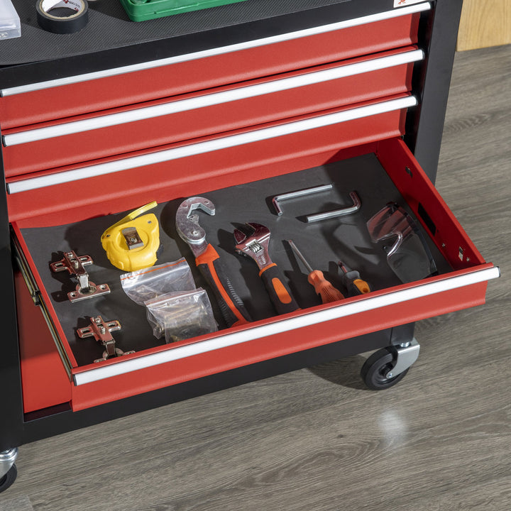 Carro de Ferramentas Móvel com Rodas 4 Gavetas Compartimento de Armazenamento e Alça Lateral Carga 130kg para Garagem Oficina 69x33x75cm Preto e Vermelho