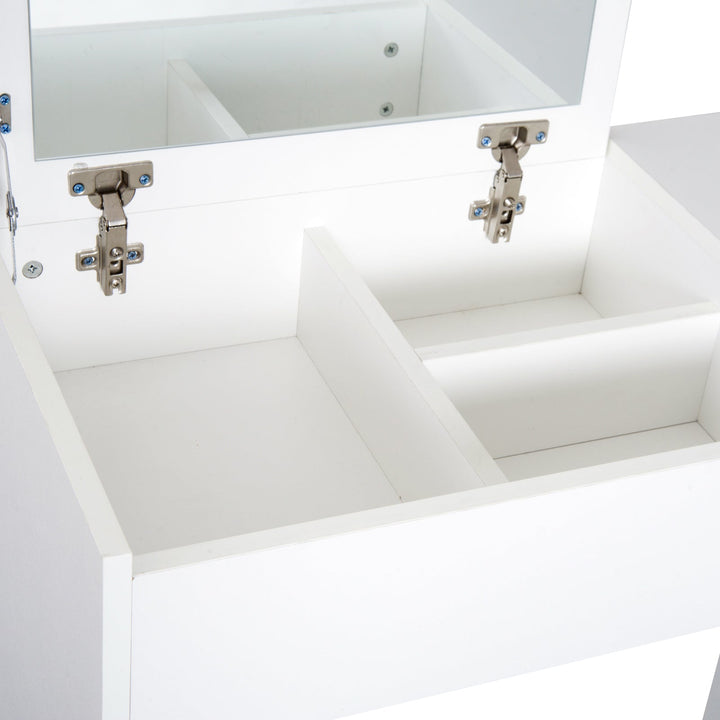 Comoda com Banquinho Espelho Tampa Dobrável Mesa para Maquilhagem 3 Caixas e 1 Gaveta Branca