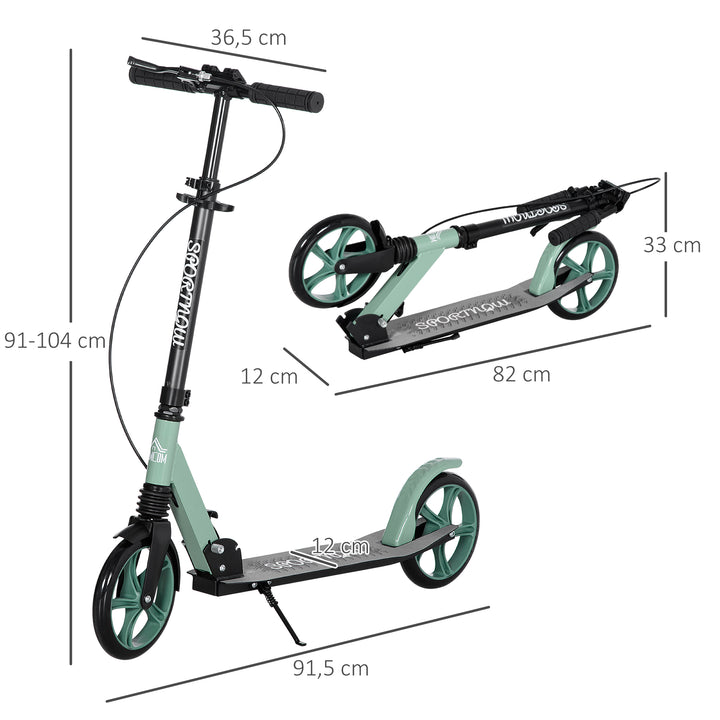 Trotinete Dobrável para Adultos e Crianças acima de 14 Anos Trotinete com Guiador Ajustável Rodas Grandes de 200mm Amortecimento e Travão Carga Máxima 100kg 91,5x36,5x91-104cm Verde