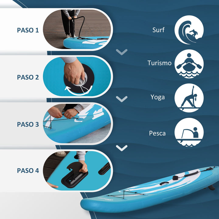 Prancha de Paddle Surf Insuflável 300x76x15cm Prancha de Stand Up Insuflável com Remo Ajustável Barbatanas Superfície Antiderrapante Bomba e Bolsa de Transporte Azul