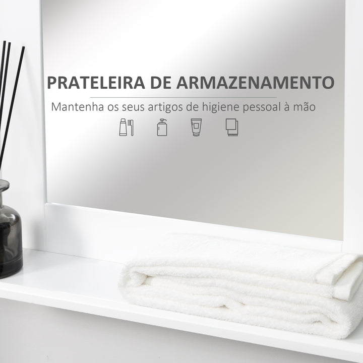 Espelho de Casa de Banho 50x11,x5x60cm Espelho de Parede Moderno com Prateleira de Armazenamento e Estrutura de Madeira para Dormitório Casa de Banho Branco