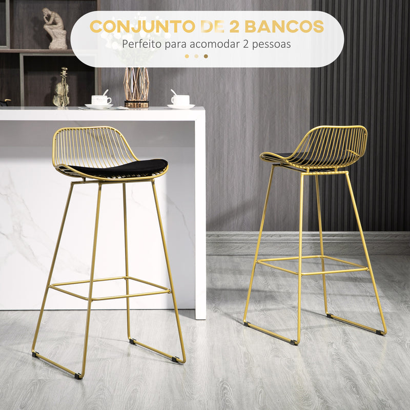 Conjunto de 2 Bancos Altos de Cozinha Moderno Bancos de Bar com Almofada de Veludo Encosto e Apoio para os Pés Carga 120 kg 46,5x48x93 cm Dourado