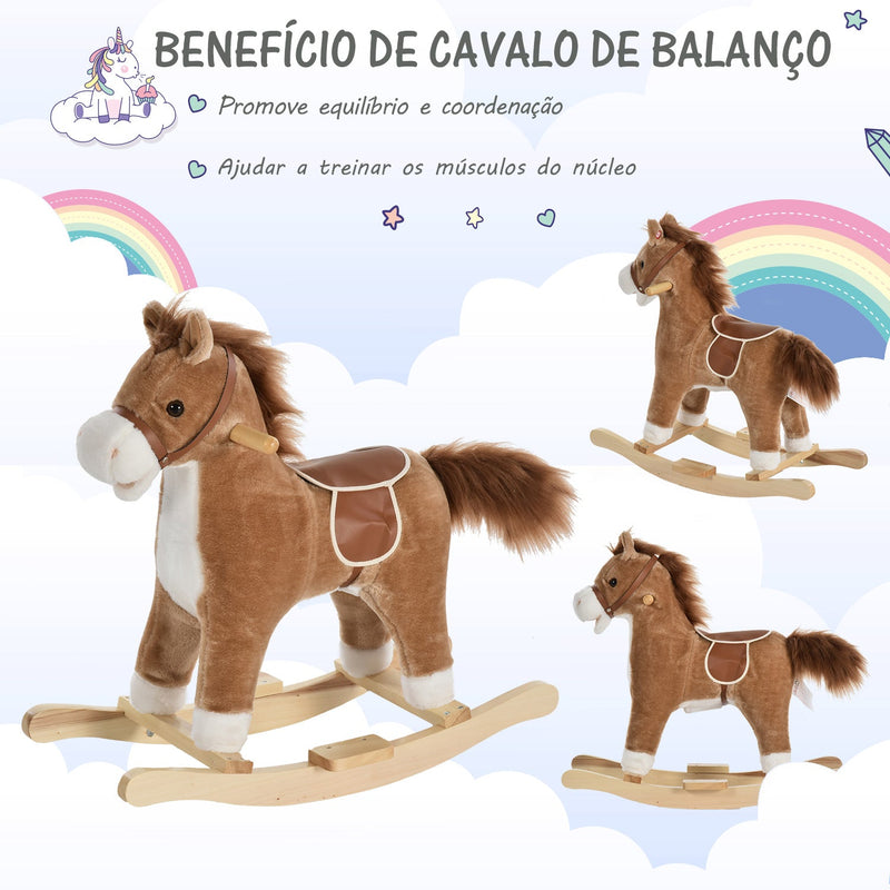 Cavalo de balanço para crianças acima de 36 meses Com boca e cauda móveis Música 65x32,5x61 cm Marrom