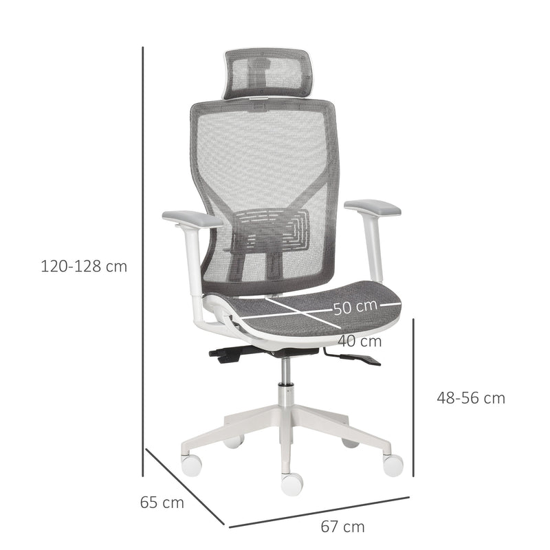 Cadeira de Escritório Giratória com Altura Ajustável Apoio para os Braços Apoio para a Cabeça e Suporte Lombar Reguláveis Encosto Alto 67x65x120-128cm Cinza