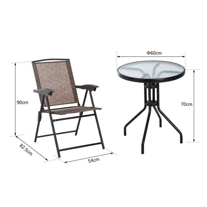 Conjunto de Mesa e 2 Cadeiras Cadeira Dobrável Encosto Reclináveis a 4 Níveis Armação de Aço Marrom