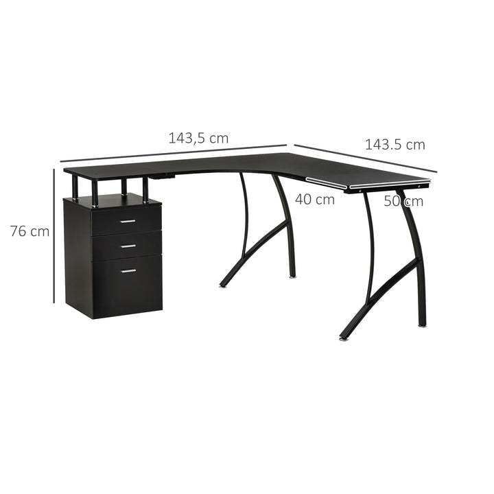 Secretária de Canto para Computador Mesa em Formato de L com 3 Gavetas Mesa Moderna para Escritório 143,5x143,5x76cm Preto