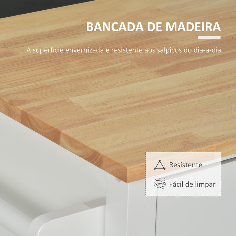 Carrinho de Cozinha com Rodas Móvel Auxiliar de Cozinha com 1 Gaveta 2 Portas 3 Prateleiras Abertas e Barra Lateral para Sala de Jantar 107,5x48x89cm Branco