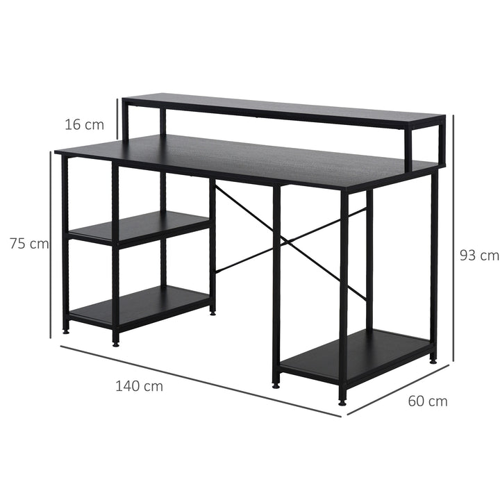 Mesa para Computador com Prateleiras Pés Ajustáveis ??Moldura de Metal 140x60x93 cm