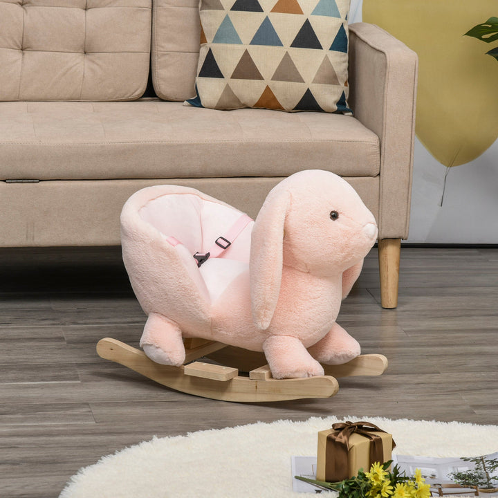 Baloiço Infantil com Forma de Coelho de Pelúcia Baloiço para Bebés 18-36 Meses com Som Cinto de Segurança Guidão e Apoio para os Pés 60x33x50cm Rosa