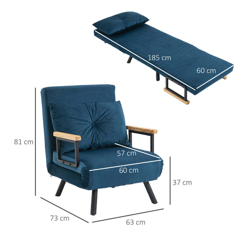 Poltrona Convertível em Cama Dobrável Poltrona 3 em 1 Convertível em Cama com Encosto Ajustável em 5 Níveis e Almofada Acolchoada para Escritório Sala de Estar Carga 120 kg 63x73x81 cm Azul