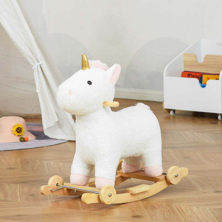 Baloiço Infantil em Forma de Unicornio para Crianças acima de 3 Anos Baloiço 2 em 1 com Rodas e Sons 45kg 63x38x63cm Branco
