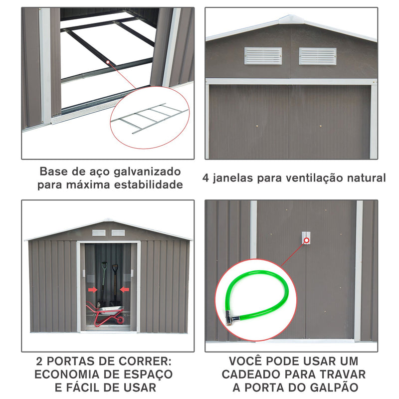 Barracão de Jardim Armário Exterior de Metal para Guardar Ferramentas Base Incluída, 4 Janelas 213x127x185cm Aço