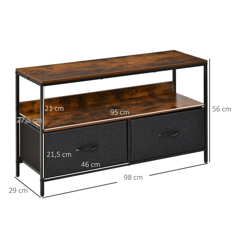 Móvel de TV até 47” Móvel de TV Industrial com Prateleira e 2 Cestos de Tecido Dobráveis para Sala de Estar Dormitório Estrutura de Metal 98x29x56cm Marrom Rústico e Preto