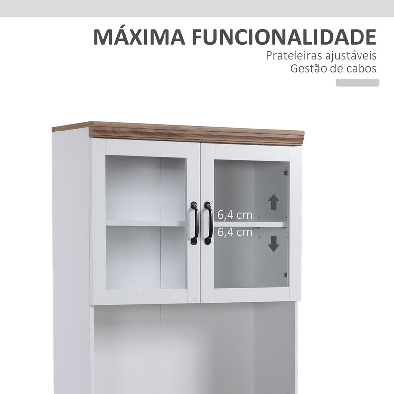 Armário de Cozinha Móvel Auxiliar de Cozinha com 2 Portas de Vidro Prateleiras Ajustáveis Bancada e Armário para Sala de Jantar Sistema Anti-Tombo 72x40x178cm Branco e Madeira