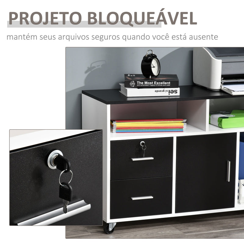 Armário Auxiliar multiusos de Escritório para Impressora com Prateleiras e Gavetas Grande Arrumação 100x35x65 cm Preto e Branco