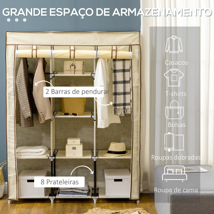 Roupeiro de Tecido Dobrável Armário Portátil com 8 Prateleiras de Armazenamento e 2 Barras de Pendurar Organizador de Roupa para Dormitório Vestidor 125x43x162,5cm Creme