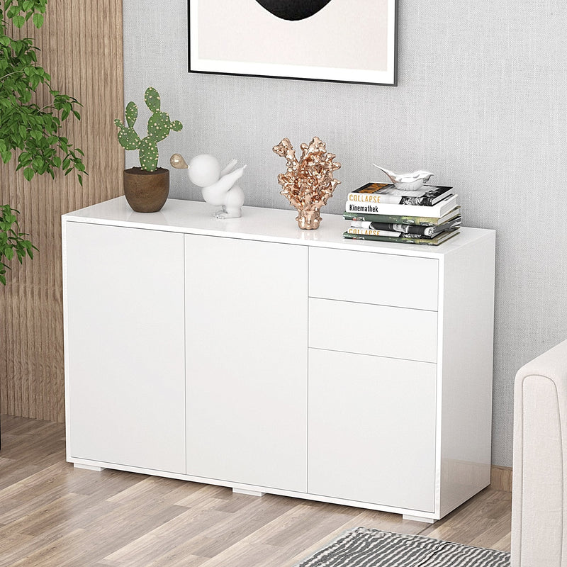 Aparador de Sala de Estar com 3 Portas 2 Gavetas e Prateleira Interior Ajustável Móvel Auxiliar de Armazenamento para Cozinha Dormitório Anti-Rolamento 117x36x74cm Branco