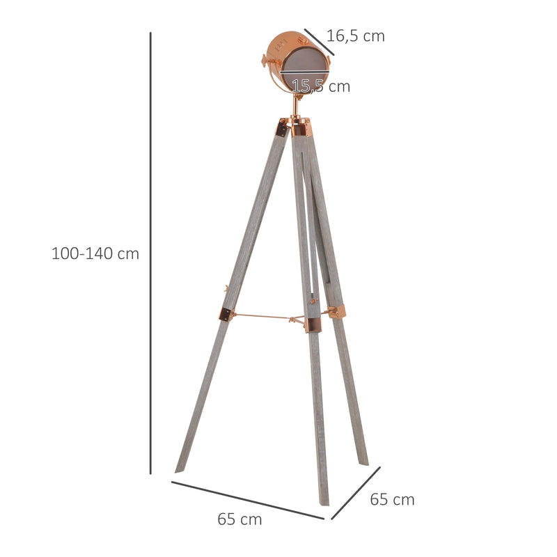 Candeeiro de Pé com Tripé de Madeira Suporte para Lâmpada E27 Máx. 25W IP20 Altura Ajustável Interruptor de Pé Candeeiro de Pé para Sala de Estar Dormitório Escritório Ø65x100-140cm Madeira Envelhecida e Ouro Rosa