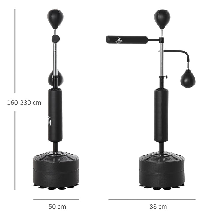 Saco de Boxe de Pé com Altura Ajustável com 2 Bolas de Velocidade Barra Giratória 360° e Base Preenchida com Água ou Areia Punching Ball para Adultos 88x50x160-230cm Preto