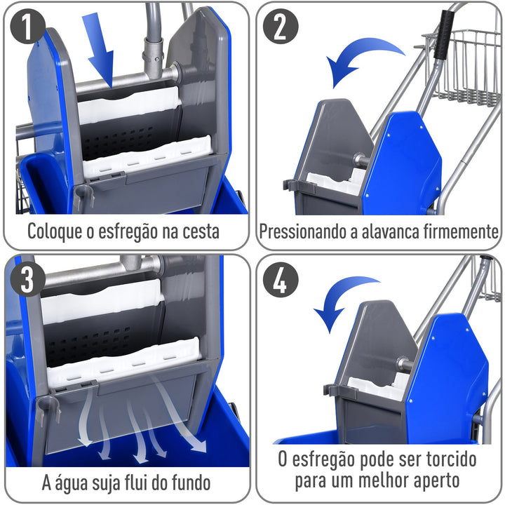 Balde de esfregona comercial com escorredor de rodas e capacidade de cestos de 26 L azul