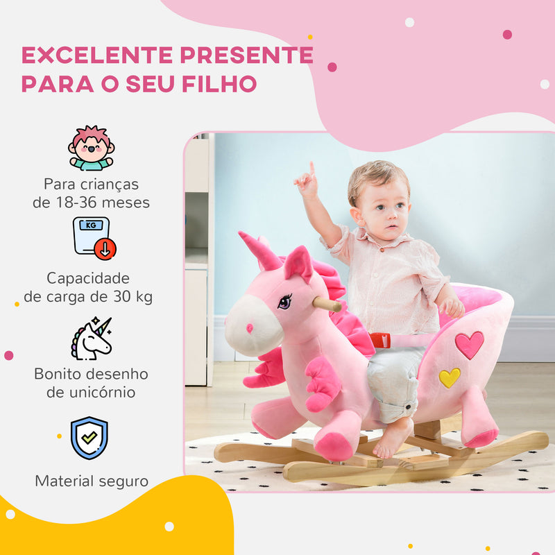 Cavalo Baloiço para Bebés 18-36 Meses Cavalo Baloiço em Forma de Unicornio com Música Cinto de Segurança Guiador e Apoio para os Pés Carga Máxima 30 kg 65x35x45 cm Rosa