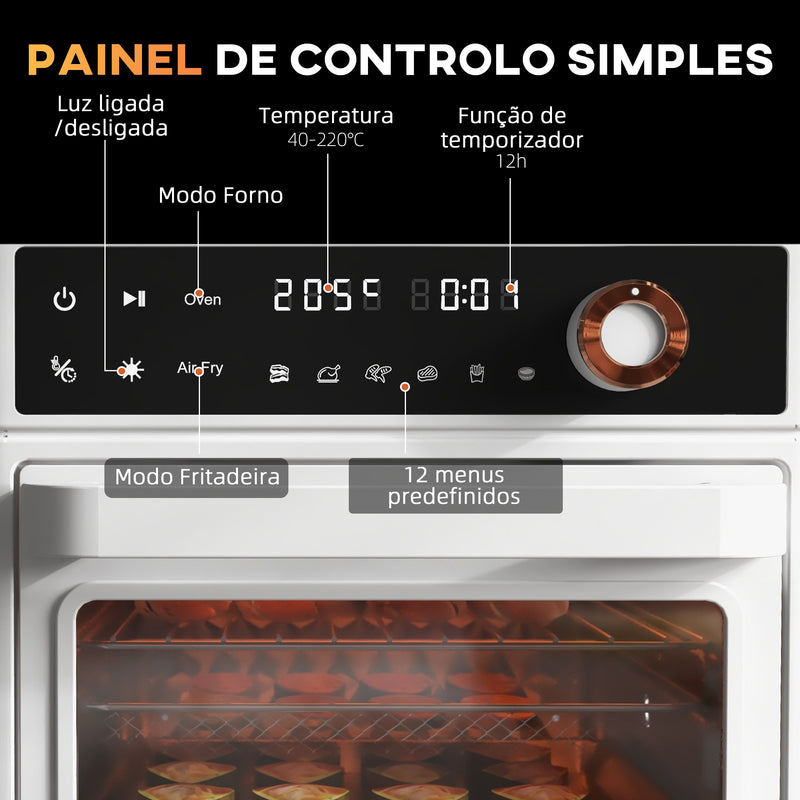 Mini Forno Elétrico Multifuncional Forno Elétrico de 13L 12000W Fritadeira sem Óleo com 12 Modos Temporizador e Temperatura Ajustável 33,5x32x32,5 cm Branco