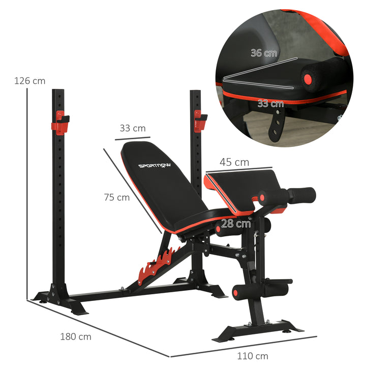 Banco de Musculação Multifuncional Banco de Pesos com Encosto Reclinável e Suporte de Barras Ajustável para Treino de Abdominal Pernas Braços e Peitoral Carga 150 kg 180x110x126 cm Preto