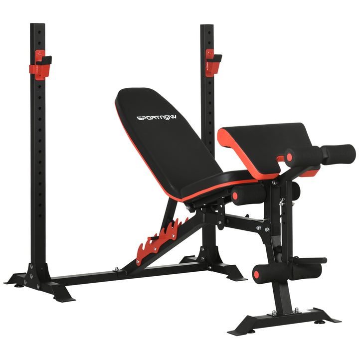 Banco de Musculação Multifuncional Banco de Pesos com Encosto Reclinável e Suporte de Barras Ajustável para Treino de Abdominal Pernas Braços e Peitoral Carga 150 kg 180x110x126 cm Preto