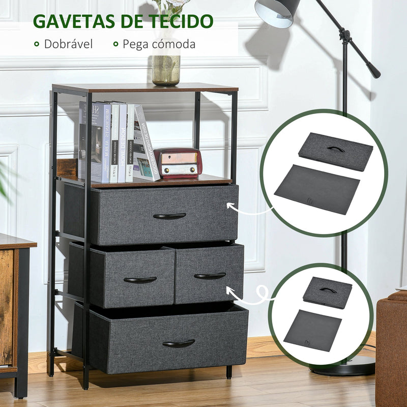 Cómoda com 4 Gavetas Dobráveis e Prateleira Aberta Cómoda com Gavetas de Tecido para Escritório Dormitórios Estilo Industrial Anti-Tombo 58x29x103cm Marrom e Cinza