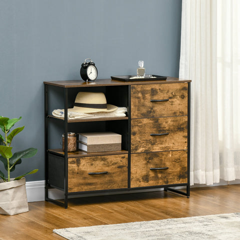 Cómoda com 4 Gavetas de Tecido Dobrável e 2 Prateleiras Abertas Armário de Armazenamento para Escritório Dormitório Estilo Industrial Anti-Tombo 84x30x71,4cm Marrom Rústico