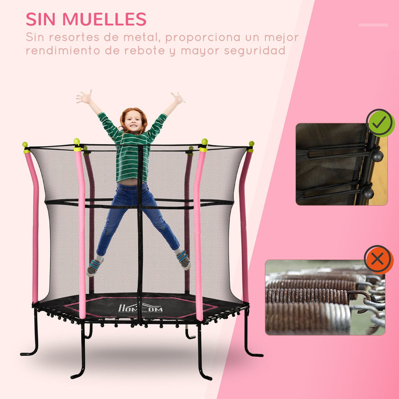 Trampolim para Crianças acima de 3 Anos Cama Elástica Infantil com Rede de Segurança e Estrutura de Aço para Interiores e Exteriores Carga 60kg Ø161x163 cm Rosa