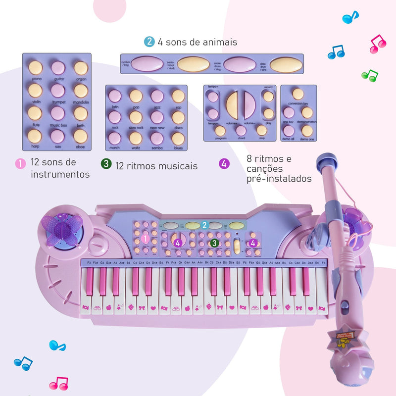 Órgão Electrónico Piano Infantil com Microfone Banquinho Luzes e 22 Canções cor Rosa