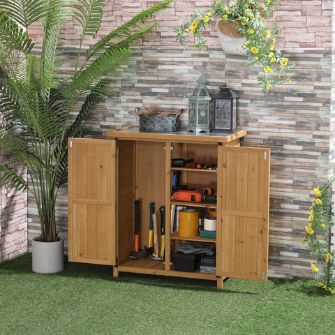 Armário de Madeira de Jardim 75x40x90cm 0,24m² para Armazenamento de Ferramentas com 2 Portas 4 Prateleiras e Teto Galvanizado para Exterior Terraço Natural