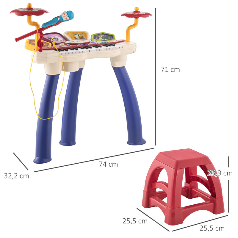 Piano Eletrónico para Crianças com 32 Teclas Piano Infantil 2 em 1 com Microfone Banco Luzes 19 Músicas Bateria e Volume Ajustável 74x32,2x71 cm Multicor