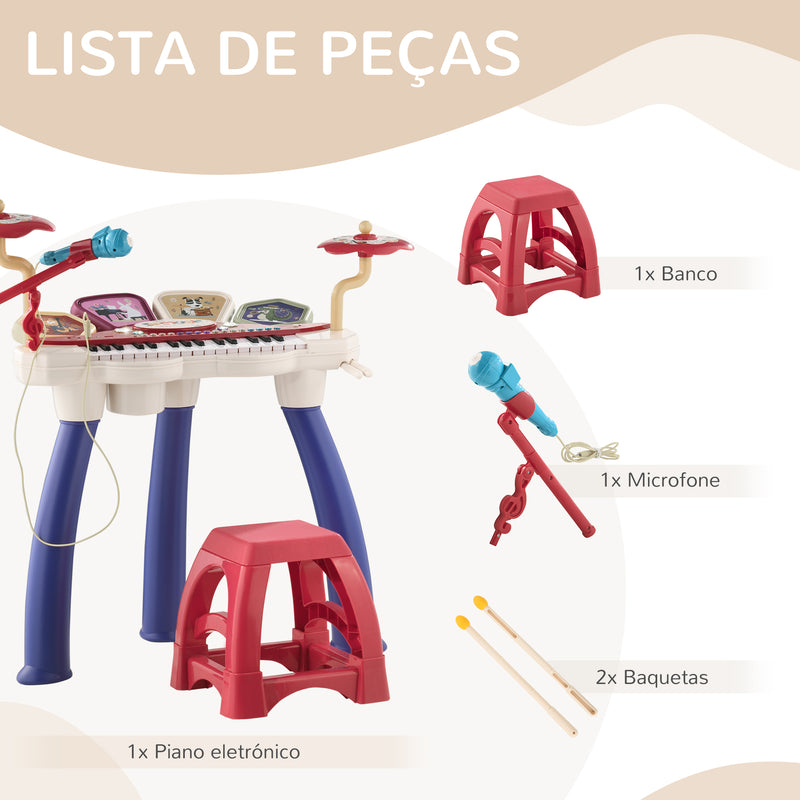 Piano Eletrónico para Crianças com 32 Teclas Piano Infantil 2 em 1 com Microfone Banco Luzes 19 Músicas Bateria e Volume Ajustável 74x32,2x71 cm Multicor